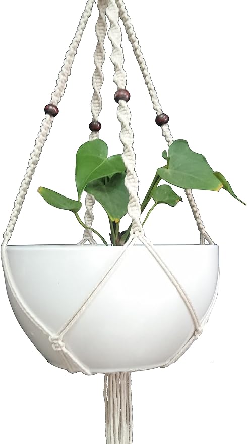 1 PCS Macrame Plant Hanger & Holder, Hanging Planter 4 Legs Double Deck for 8 inch to 10 inch Two Pots Indoor Outdoor Hanging Planter Hemp Rope 67 Inch with Metal Ring (Cotton)