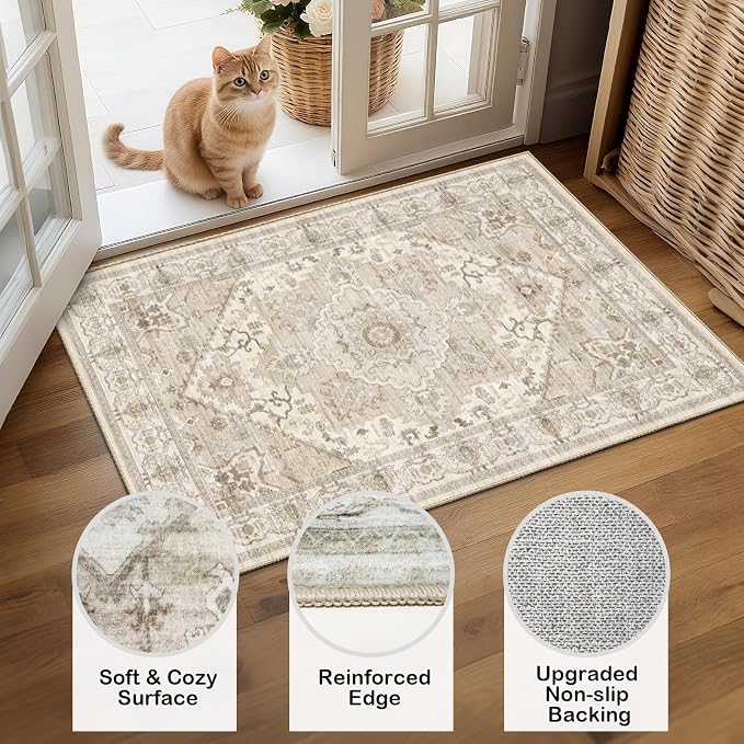 AooHHooA 2x3 Washable Entryway Rug Beige, Soft Stain Resistant 2x3 Boho Rug Vintage Small Rugs for Entryway, Low Pile Lightweight Non-Slip Indoor Door Mat Small Rugs for Bedroom