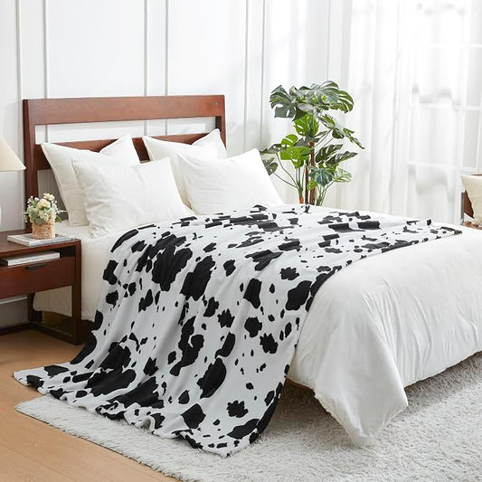 Cozy Bliss Cow Print Throw Blanket for Bed - Super Fuzzy Thick Soft Warm Fleece Blankets for Couch & Room Décor, for Women Men Girls Kids, Black & White Queen Size 90"*90"