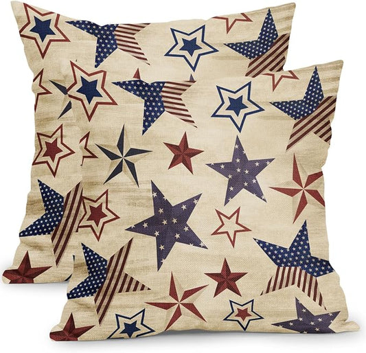 Kawani 4th of July Patriotic Pillow Covers 24x24 Inch Vintage Red Blue American Stars Independence Day Outdoor Throw Pillows Set of 2 Rustic Memorial Day Pillowcases for Couch