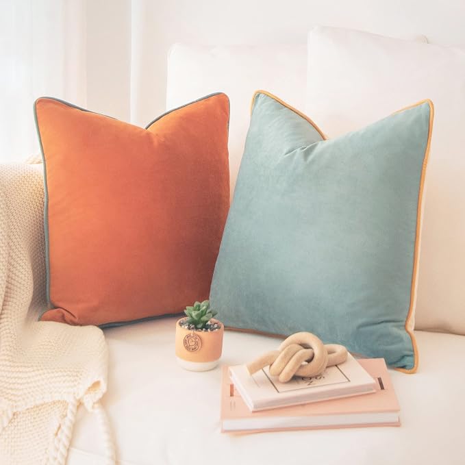 MONDAY MOOSE Decorative Throw Pillow Covers Cushion Cases, Set of 2 Soft Velvet Modern Double-Sided Designs, Mix and Match for Home Decor, Pillow Inserts Not Included (18x18 inch, Orange/Teal)