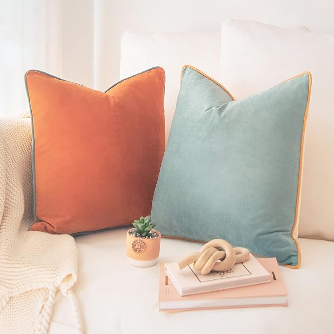 MONDAY MOOSE Decorative Throw Pillow Covers Cushion Cases, Set of 2 Soft Velvet Modern Double-Sided Designs, Mix and Match for Home Decor, Pillow Inserts Not Included (26x26 inch, Orange/Teal)
