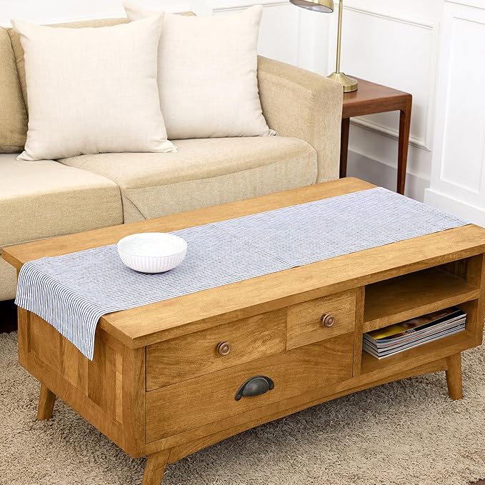 Solino Home 100% Pure Linen Table Runner, 14 x 48 in, Navy and White Stripe | Narrow Stripe, a graceful centrepiece for dining and gatherings, European flax fibres, machine washable, OEKO-TEX Certified