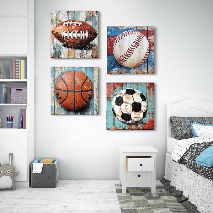 Vintage Sports Wall Art Boys Room Decor Rustic Soccer Posters Playroom Baseball Basketball Football Pictures Kids Bedroom Vintage Balls Wood Grain Floor Nursery Toddler Baby Home Decorations 20x20” 4P