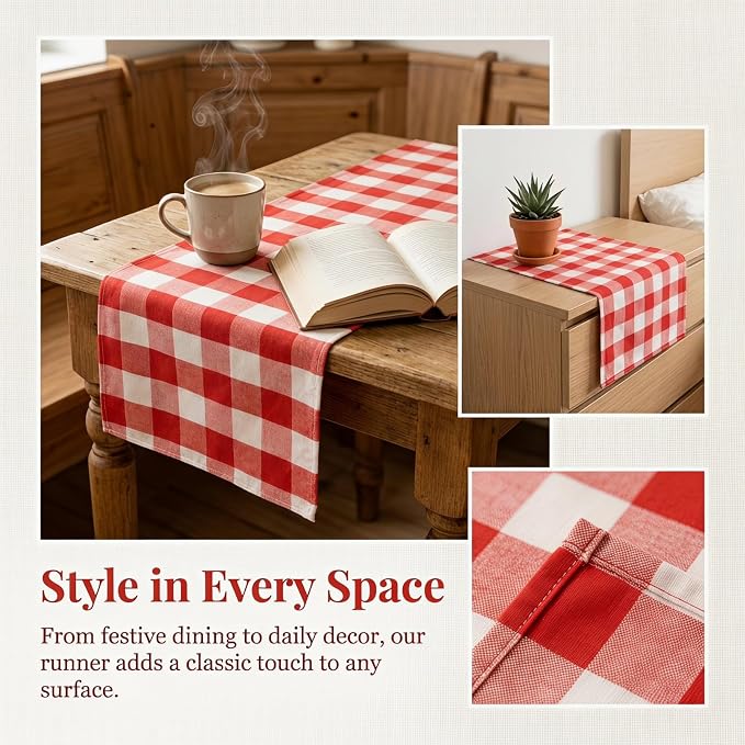 Table Runner 13''x108'' Red and White Gingham Cotton Buffalo Plaid Cover | Red White Checkered, Soft Gingham Fabric, Farmhouse Christmas Thanksgiving Dining Room Picnic Outdoor Decor, Folded Hem Cloth