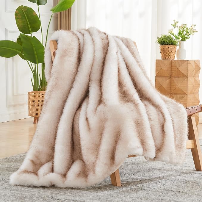 NEWCOSPLAY Faux Fur Thick Twin Blanket for Couch, Beige, 60"x80" | Luxury Fluffy Thick Warm Blanket for Couch Sofa Bed 1000GSM, Soft Plush Cozy Decorative Throw, Gift for Women Men