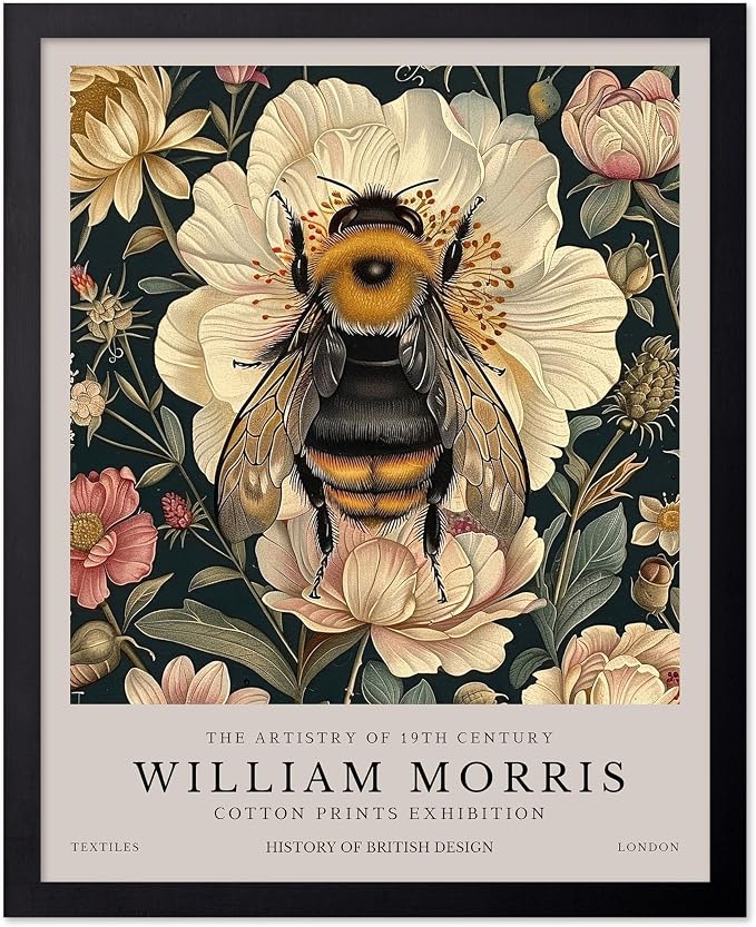 Poster Master Bumble Bee Print - William Morris Poster - Flower & Animal Art - Botanical Exhibition Illustration - Floral Bee Artwork - Aesthetic Office or Bedroom Decor - 8x10 Black Framed
