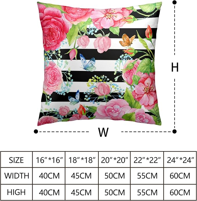 Spring Summer Pillow Covers 22x22 Set of 2 Rose Throw Pillow Covers Butterfly Flowers Pillow Case Black Stripes Cotton Blend Cushion Case for Home Decor Couch Sofa