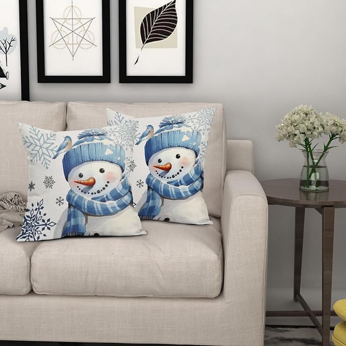 Kawani Winter Snowman Snowflake Pillow Covers 18x18 Inch Blue Christmas Throw Pillow Covers Set of 2 Xmas Winter Holiday Pillowcases Cotton Linen Cushion Covers for Couch Home Decor
