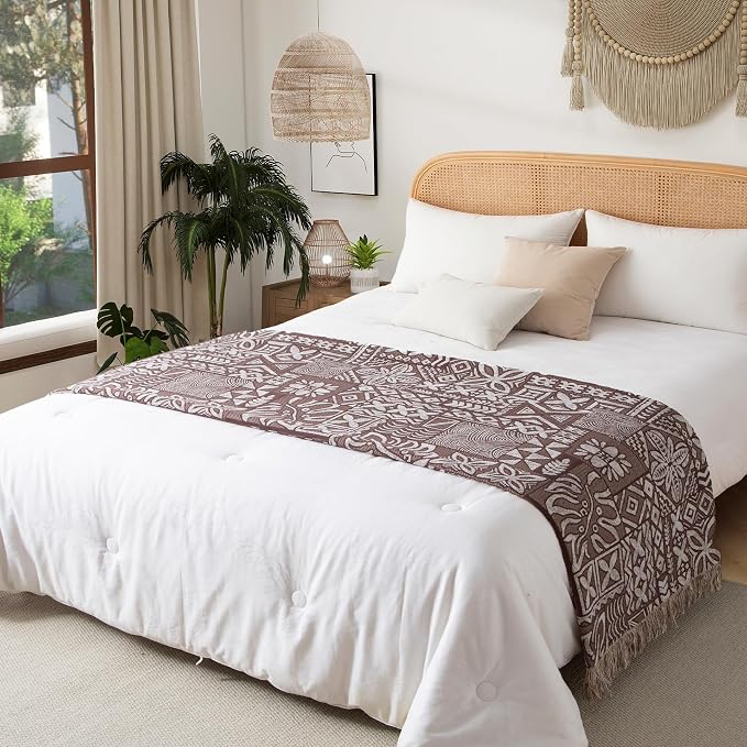 Phuryllic Boho Throw Blanket Twin Size, Soft Cozy Cotton Muslin Quilt Blanket for Bed Decor, Patchwork Block Couch Sofa Chair Cover, Vintage Farmhouse Cottage Tapestry Woven Blanket, Brown&White