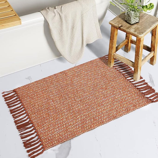 Lahome Boho Fall Bathroom Rugs, 2x3 Front Door Mat for Kitchen, Washable | Indoor Entryway Small Area Rug Woven Cotton with Tassels, Farmhouse Non Shedding Throw Low Pile Carpet for Bath Bedroom