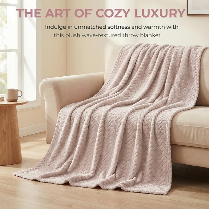 Exclusivo Mezcla Soft Fleece Blanket Twin Size for Bed, Sofa, Camel | 90"x66" Breathable Lightweight Flannel Blanket for Summer, Plush Cozy Jacquard Wave for Home Decor