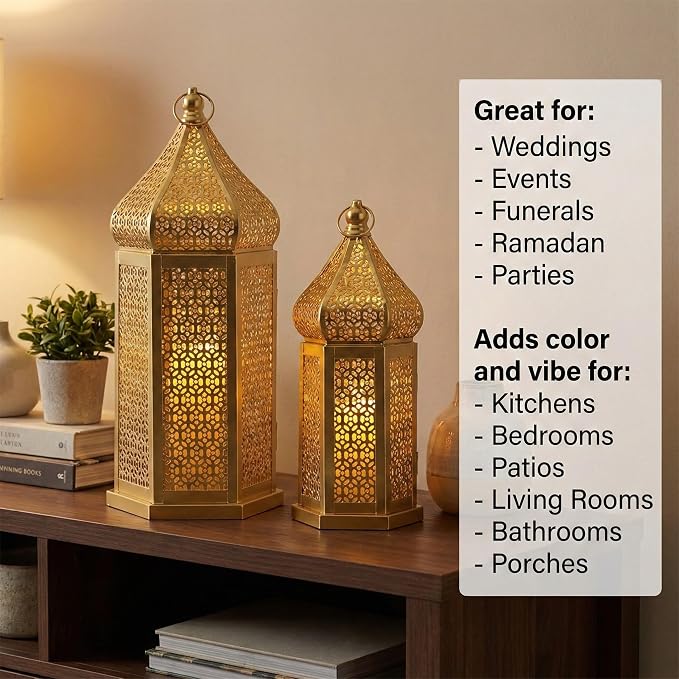 Vela Lanterns Decorative Indoor Gold Moroccan Temple Lanterns, Set of 2