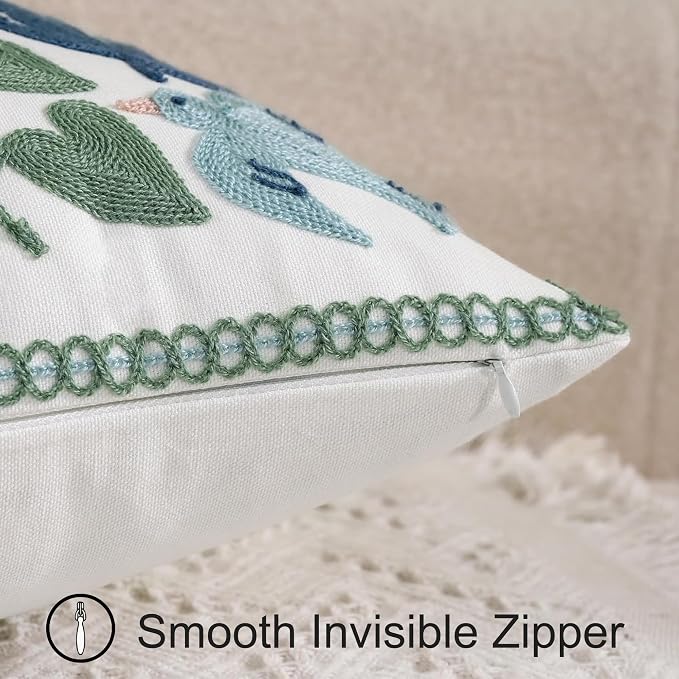 Embroidered Throw Pillow Covers 18x18 inch Set of 2 Blue Birds | Durable Fabric,Square Pillow Cover,Boho Decorative,Hidden Zipper,Aesthetic Design,Ideal Gift,Machine Washable