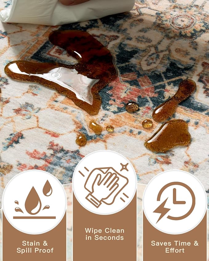 Madane Washable Runner Rugs 2x10 Long for Hallway Kitchen, Orange/Blue | Non-Slip Low-Pile 10ft Rug Runners Soft, Stain-Resistant Floor Carpet Mat for Entrance, Living Dining Laundry Room, Stair