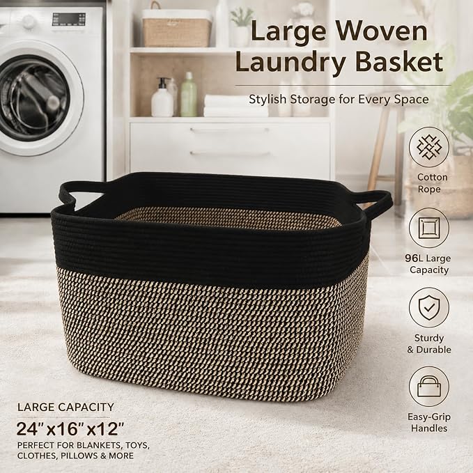 96L Laundry Basket with Handles, Extra Blanket Basket, Black/Jute | 24"×16"×15" Collapsible Cotton Rope Storage Basket for Toys Clothes & Pillows, Nursery, Bathroom, Bedroom, Living Room