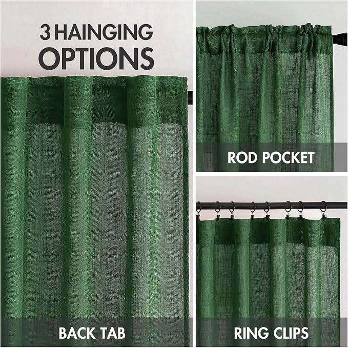 MIULEE Emerald Green Linen Curtains 52x108 Inch for Bedroom Living Room | Soft Thick Linen Textured Window Drapes, Semi Sheer Light Filtering, Back Tab Rod Pocket, Christmas Decor, 2 Panels