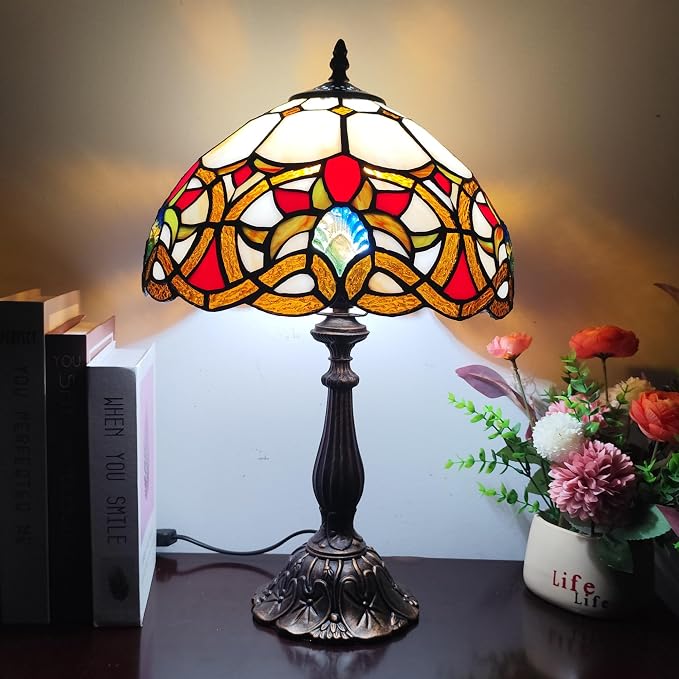 Tiffany Table Lamp Yellow Vines Flowers Stained Glass Desk Light 12 Inch Tiffany Style Bedside Lamp with LED Bulb for Bedroom Living Room Office Decor