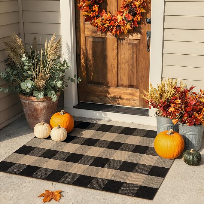 LEEVAN Buffalo Plaid Outdoor Rug, Washable Checkered Front Porch Rug | 27.5x43 Inch Black and Tan Earthy Tones Cotton Woven Farmhouse Decor Neutral Layered Door Mats for Entryway Kitchen Bedroom