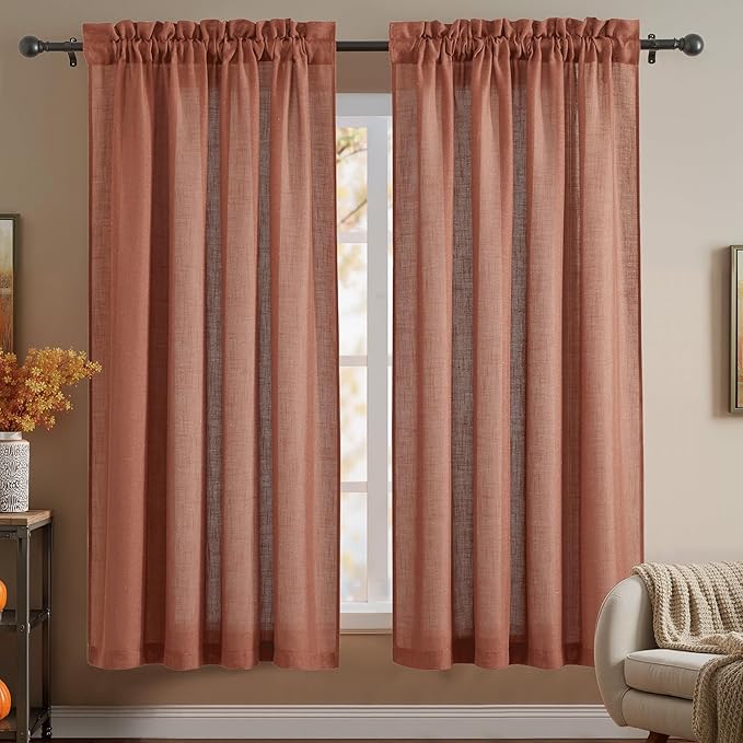 RYB HOME Linen Textured Semi Sheer Curtains 63 inches Long for Living Room | Half Privacy, Light Filtering, Faux Linen Blend, Office Nursery Dorm Bathroom, Terracotta, W52 x L63
