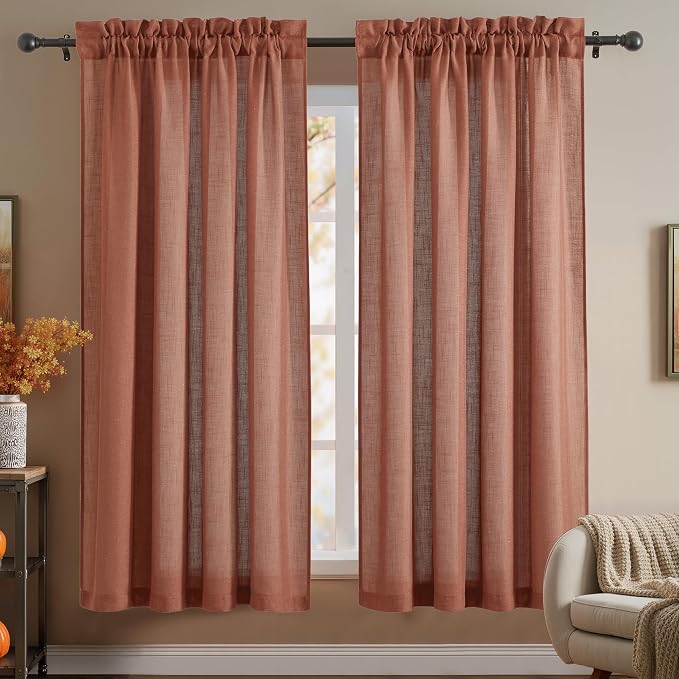 RYB HOME Linen Semi Sheer Curtains 72 inches Long for Living Room | Half Privacy, Light Filtering, Window Curtains & Drapes, Terracotta, W52 x L72, 2 Panels
