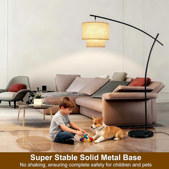Lightdot Arc Floor Lamp for Living Room, Modern Standing Tall Lamps with Double Linen Shade, Tall Hanging Pole Lamp with Stable Base & Bulb Included for Bedroom/Sofa Beside/Corner Decor-Black