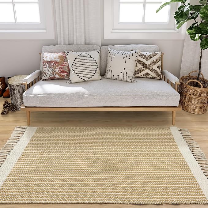 Lahome Boho Bathroom Rugs, 3x5 Washable Area Rug for Bedroom | Woven Cotton Kitchen Rug with Tassels, Farmhouse Decor Throw Non Shedding Indoor Door Mats for Entryway Living Room, Khaki