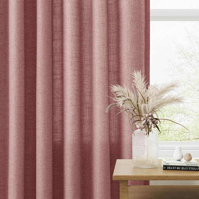 Canyon Rose Linen Curtains 108 Inches Long 2 Panel Set Rod Pocket Semi Sheer Girls Bedroom Living Room Airy Soft Fabric Window Treatments 52x108