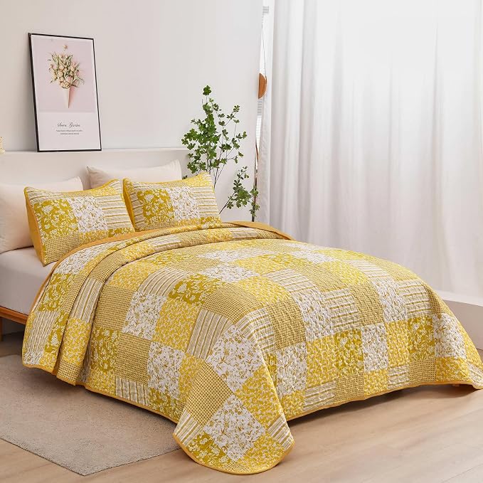 Mybedsoul Boho Quilt King Size, Patchwork Floral Bedding Set, Yellow | Soft Lightweight Microfiber Coverlet Set, 3 Pieces Plaid Reversible Bedspread, Bed Sets for All Seasons 90"x110"