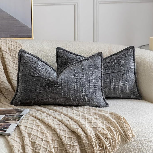 MADIZZ Pack of 2 Chenille Throw Pillow Covers 12x20 Inch Dark Grey Soft Neutral Decorative Throw Pillows for Couch Sofa Boho Accent Cushion Covers Modern Farmhouse Home Decor for Bedroom Living Room