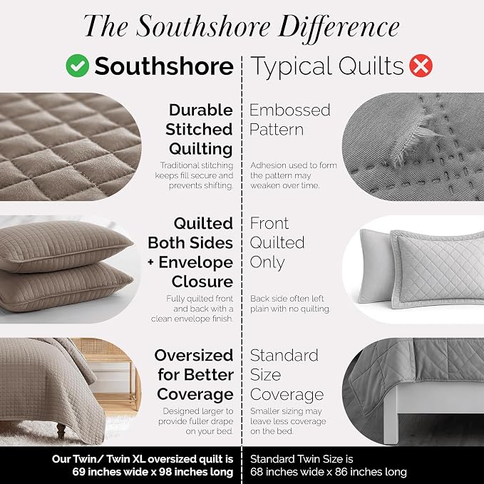 Southshore Fine Living, Inc. Quilt Comforter Twin XL Bedding Set for College Dorm Room, Bedding Essentials, Stain Resistant, Machine Washable Bed Spread, XL/Twin Comforter Set with Sham, Dark Taupe