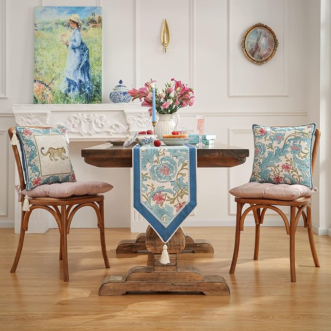 Patdrea Designer Vintage French Linen Table Runner,12"X102"-from | Tablerunner 102 Inches Long,Elegant Blue Floral Pattern,Thanksgiving Dining Table Decor for Living Room Banquet