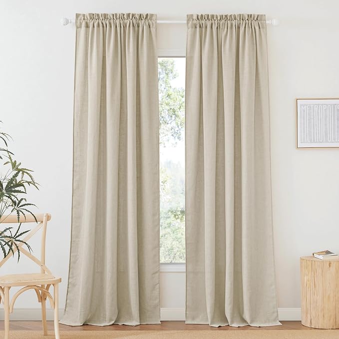 RYB HOME Semi Sheer Curtains Linen Textured Fabric Light and Airy Half Privacy Window Drapes for Bedroom Dining Living Room Office, Beige, 34 inch Wide x 84 inch Long, 2 Panels