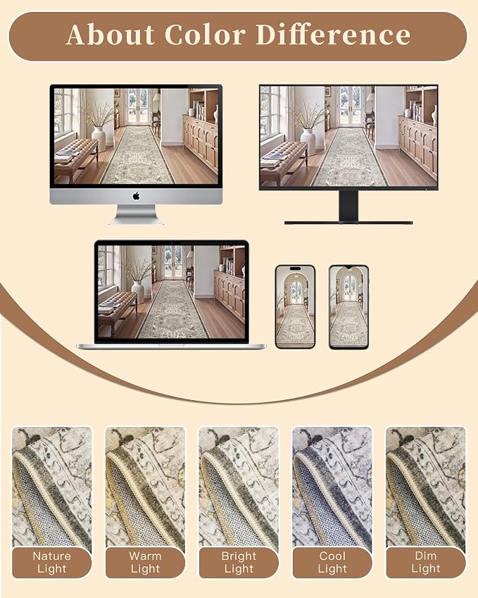 Madane Hallway Runner Rug 3x12 Washable Kitchen Runners 12ft, Ivory/Brown | Vintage Non Slip Area Rugs for Hallways, Soft Low-Pile Thin Farmhouse Wide Floor Carpet for Entryway Foyer Bathroom Bedroom