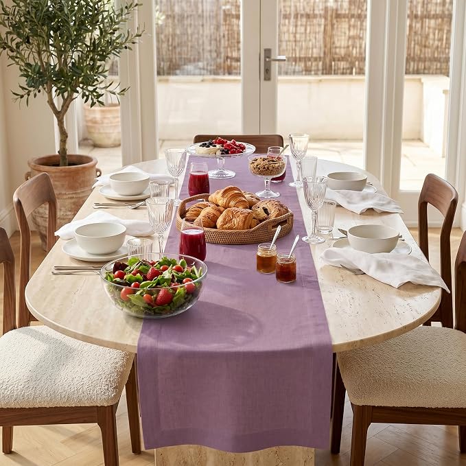 Solino Home 100% Pure Linen Table Runner Mulberry Long, Fete 14 x 132 in | styles dining tables for meals and celebrations, European flax fibres, handloomed texture, soft, fine, OEKO-TEX Certified