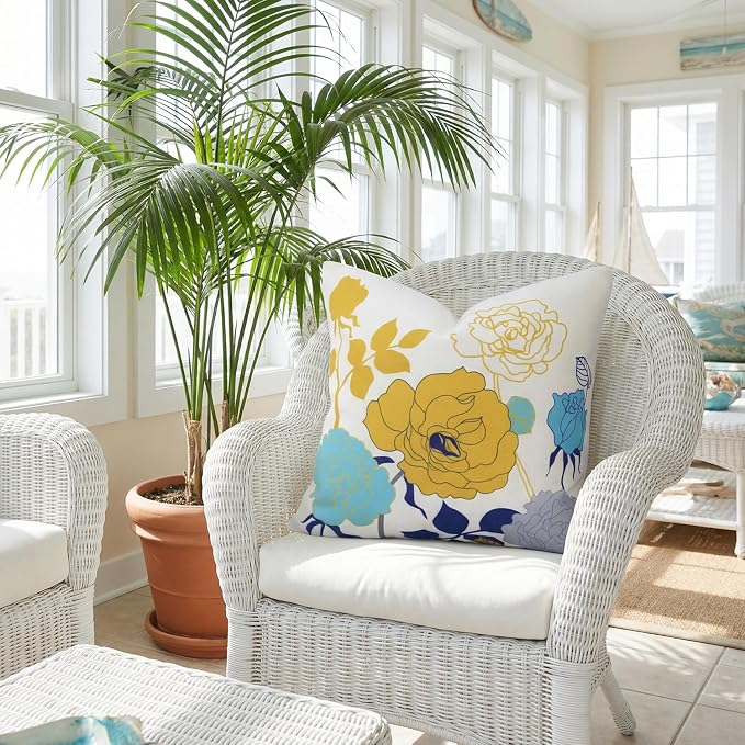 Blue Yellow Floral Pillow Covers 18x18 Set of 2 Thick Cotton Linen | Durable Thick Cotton Linen Material, Soft Breathable Floral Decor, Suitable For Spring Summer Couch Bed & Outdoor Patio Porch