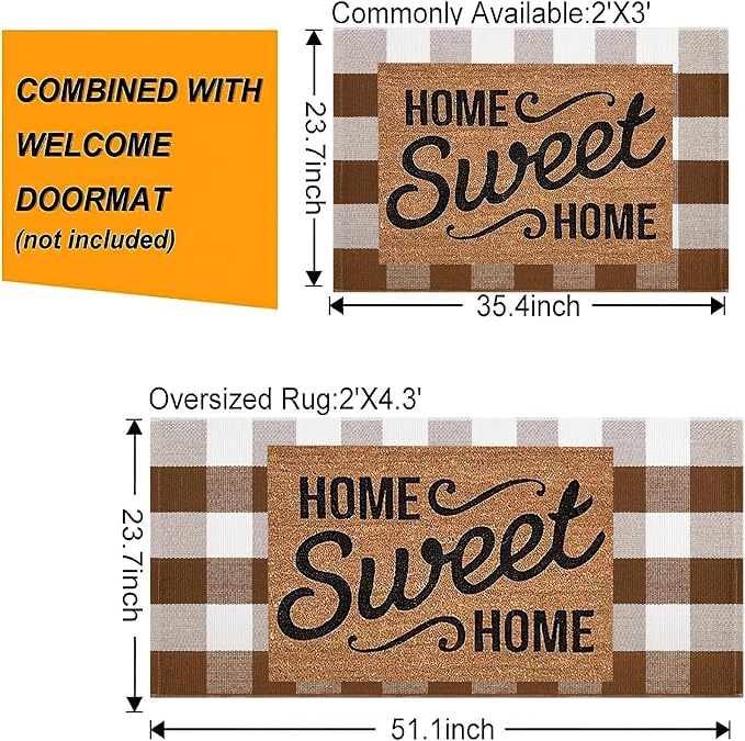 Coffee and White Outdoor Rug 24''x51''Checkered Plaid Front Porch Rug Cotton Woven Washable Door Mat Outdoor for Layered Doormat Hello Welcome Door Mat Kitchen Farmhouse Entryway
