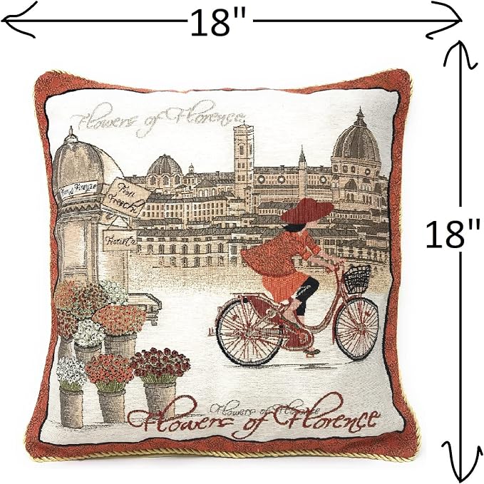 Tache Decorative Throw Pillow Cover 1 Piece Square Vintage French Girl Day Out in Florence Burgundy Orange Tapestry Pillow Cover 18 x 18