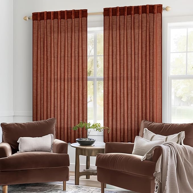 MIULEE Burnt Orange Fall Linen Curtains 52x45 Inch 2 Panels for Bedroom | Short,Soft Thick Linen Textured Basement Bathroom Kitchen Window Drapes, Semi Sheer Light Filtering, Back Tab, Fall Decor