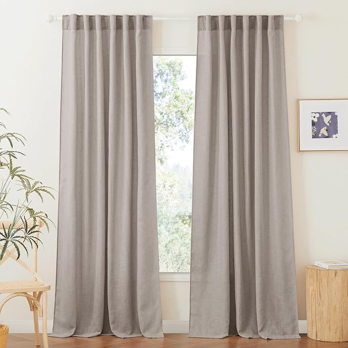 RYB HOME Linen Semi Sheer Curtains for Bedroom Living Room 95 inches Long | Light Filtering Privacy, Farmhouse Rustic Decor, Office Balcony Sliding Glass Door, W52 x L95, 2 Panels, Birch Brown