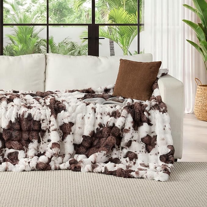 Lotus Karen Faux Fur Throw Blanket Cow Print-Dark Brown, Fluffy Fuzzy Plush Bubble Blanket for Couch, 60x50 Inches Cozy Shaggy Rabbit Blanket, Luxury Decorative Gifts for Sofa Bedroom Living Room.