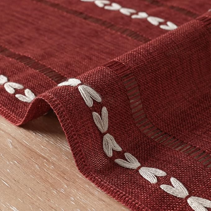 Artoid Mode Red Rustic Cotton Linen Christmas Table Runner, Seasonal Embroidered Hollow Kitchen Dining Table Decoration for Home Party Decor 13x36 Inch