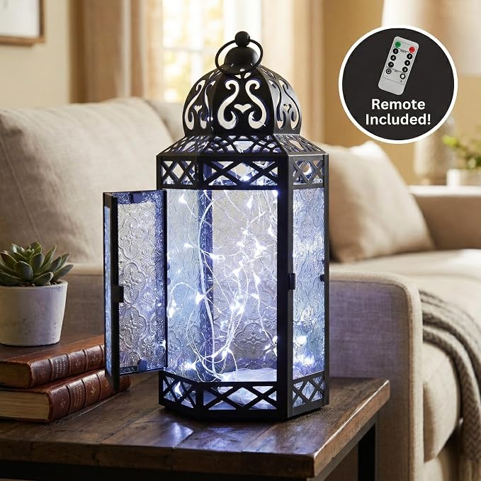Vela Lanterns Decorative Indoor Fairy Light Candle Holder, Clear, L | Ramadan & Eid Decor, Fantasy Wedding Centerpieces, Moroccan Metal Hanging Flameless LED Lamp, Outdoor Porch Patio, 12" Tall