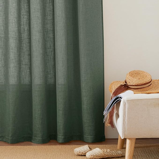 RYB HOME Farmhouse Boho Linen Sheer Curtains 90 inches Long for Living Room | Flax Linen Blend,Light Filtering,Semi Sheer,Wrinkle Resistance,Back Tab,Dorm Dining Room,W52 x L90,2 Panels,Hunter Green