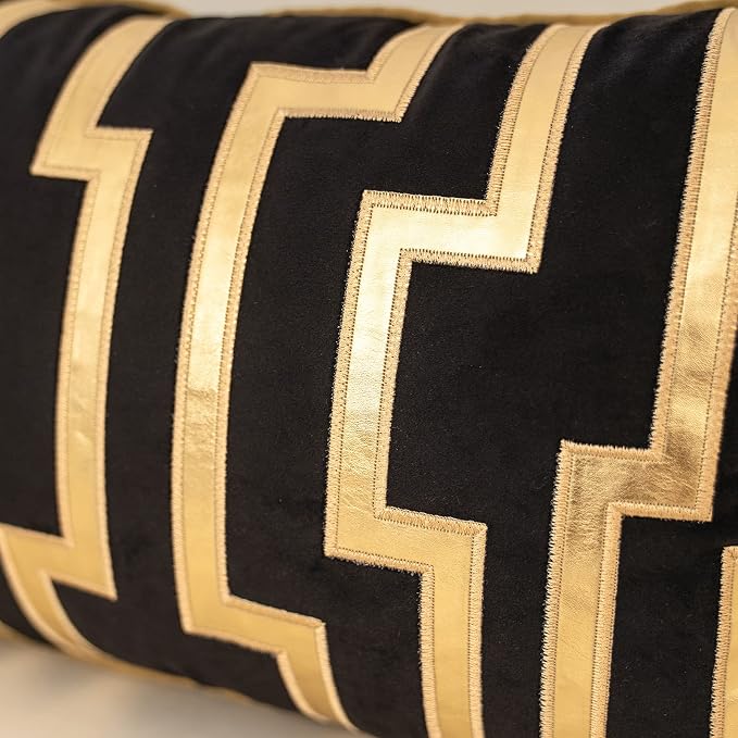 Alerfa Geometric Gold Leather Striped Throw Pillow Cover 12x20 Inch, Luxury Velvet Embroidered Decorative Lumbar Pillow Cover for Couch Living Room Bedroom, Black