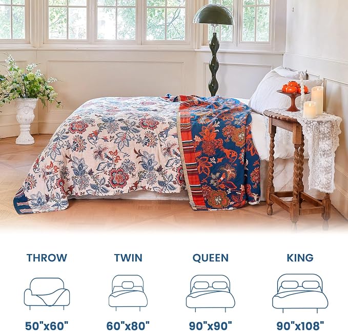 MSGKV Boho Throw Blanket 60"x80" 100% Cotton Farmhouse Floral Blanket | 100% Cotton Muslin, Botanical Throw Blanket, Reversible Weave, Soft & Breathable, Rustic Home Style, Machine Washable