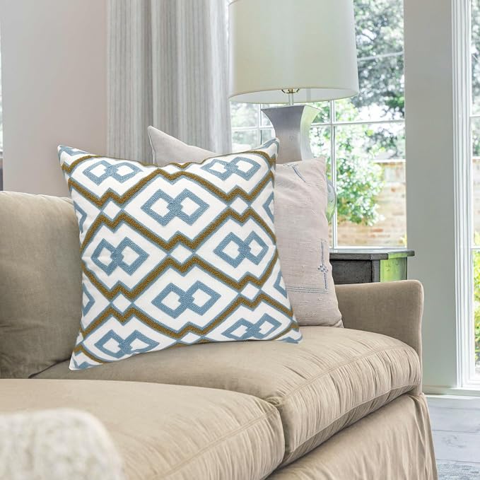 Alysheer Boho Embroidered Throw Pillow Cover 18"x18" Set of 2, Blue Khaki