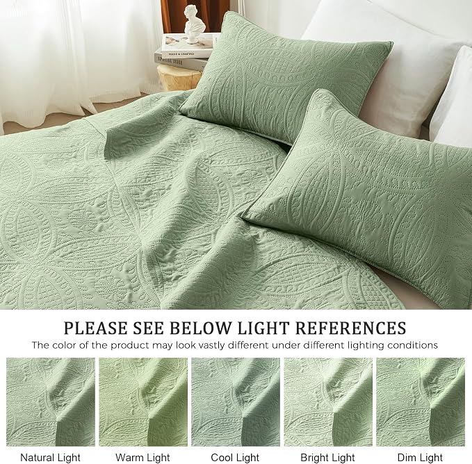 akkialla Quilts Queen Size,Sage Green Ultrasonic Full/Queen Quilt Set,Lightweight Soft Bedspread Coverlet,Modern Style Coin Pattern Bed Cover for All Seasons,3 Piece(1 Quilt,2 Pillow Shams)