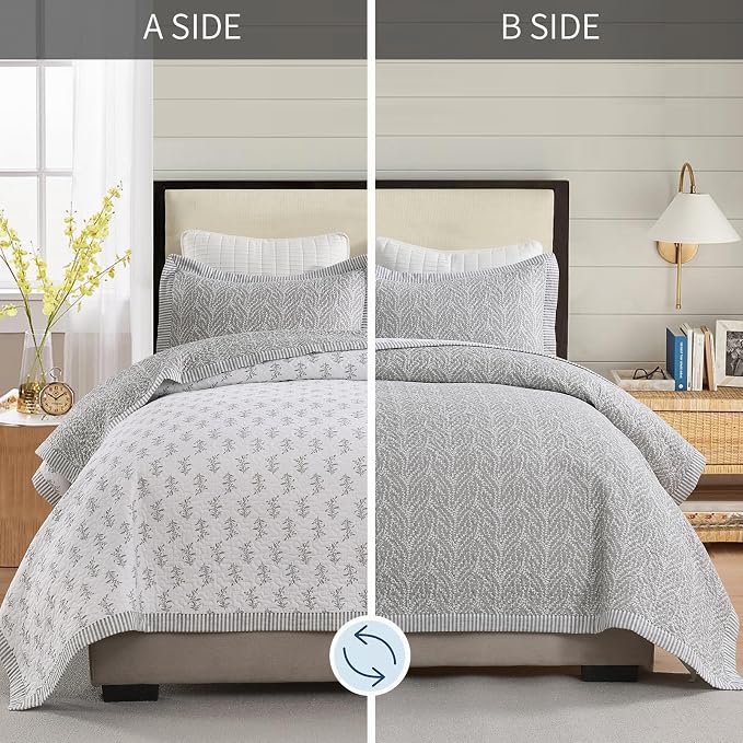 SahSahCasa Quilt Set King Size, 100% Cotton Quilt Bedding Set Bedspread, Botanical Pattern Solid Color Chic Lightweight Quilted Comforter for King Bed, White/Gray, All Season, 3 Pieces