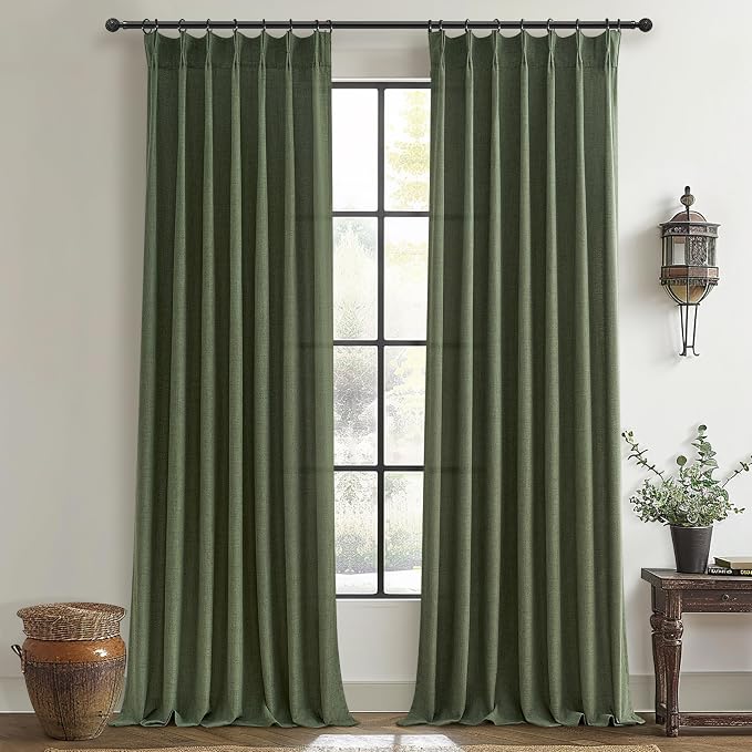 Loden Pinch Pleated Floor to Ceiling Long Curtains 120 Length, Vintage Curtains for Bedroom 2 Panels Set with Hooks Dark Olive Green Linen Pretty Light Filtering Semi Sheer Drapes 10 FT Length